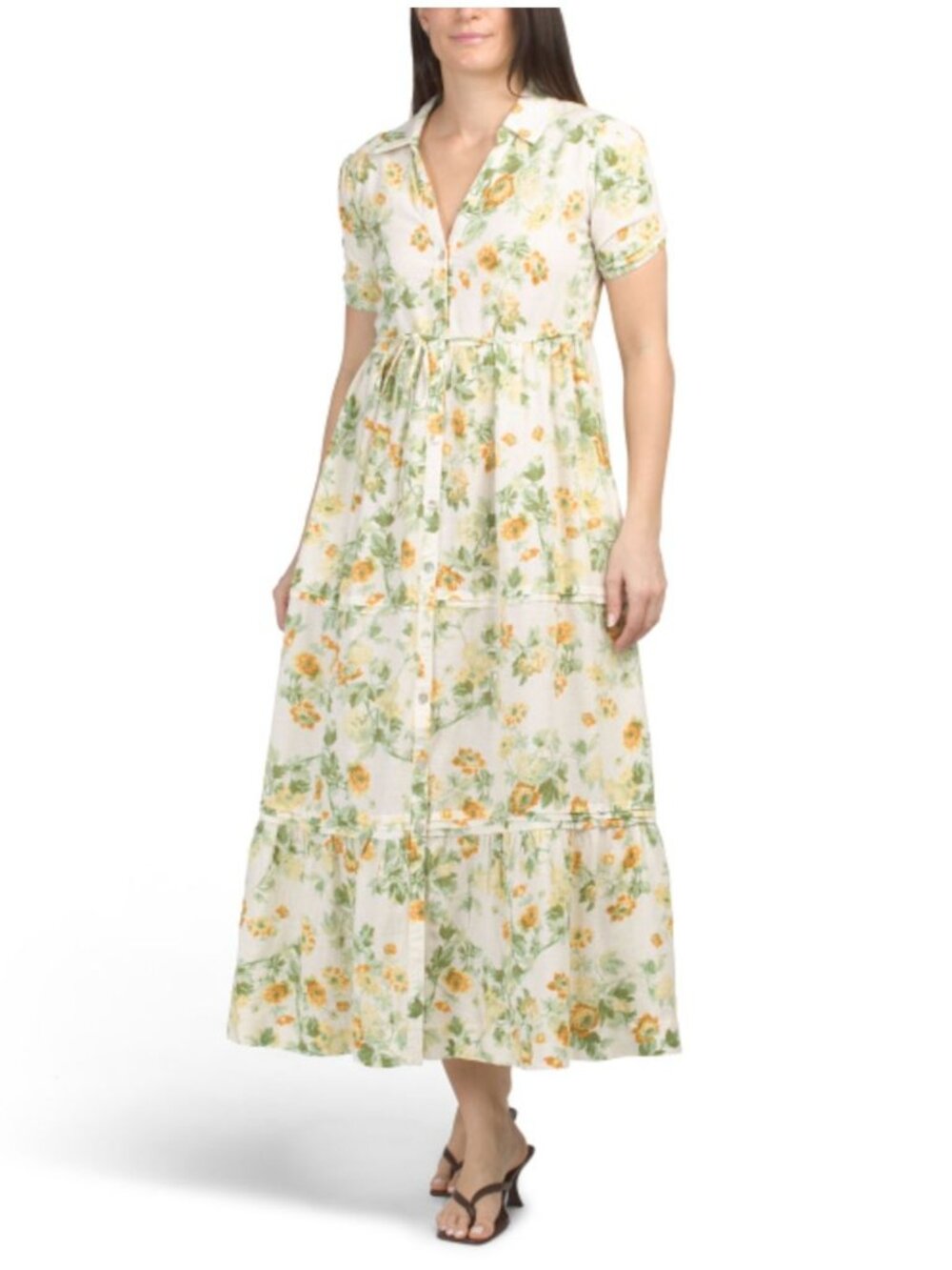 Laura Ashley Tiered Dress Women’s S White Yellow Floral Linen Rayon Cottagecore